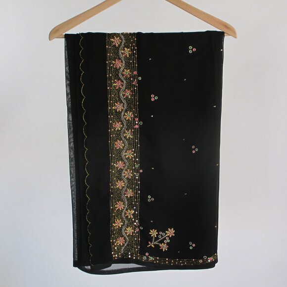 Indian Saree Black Chiffon with Choli Blouse Kundan Beaded Stone Work Vintage - Picture 10 of 11